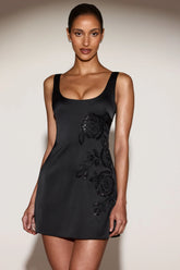 Embellished Scoop-Neck A-Line Mini Dress in Black