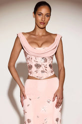 Embellished Draped Lace-Up Corset Top in Pink