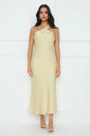 WHISPERING PALMS SATIN MIDI DRESS YELLOW