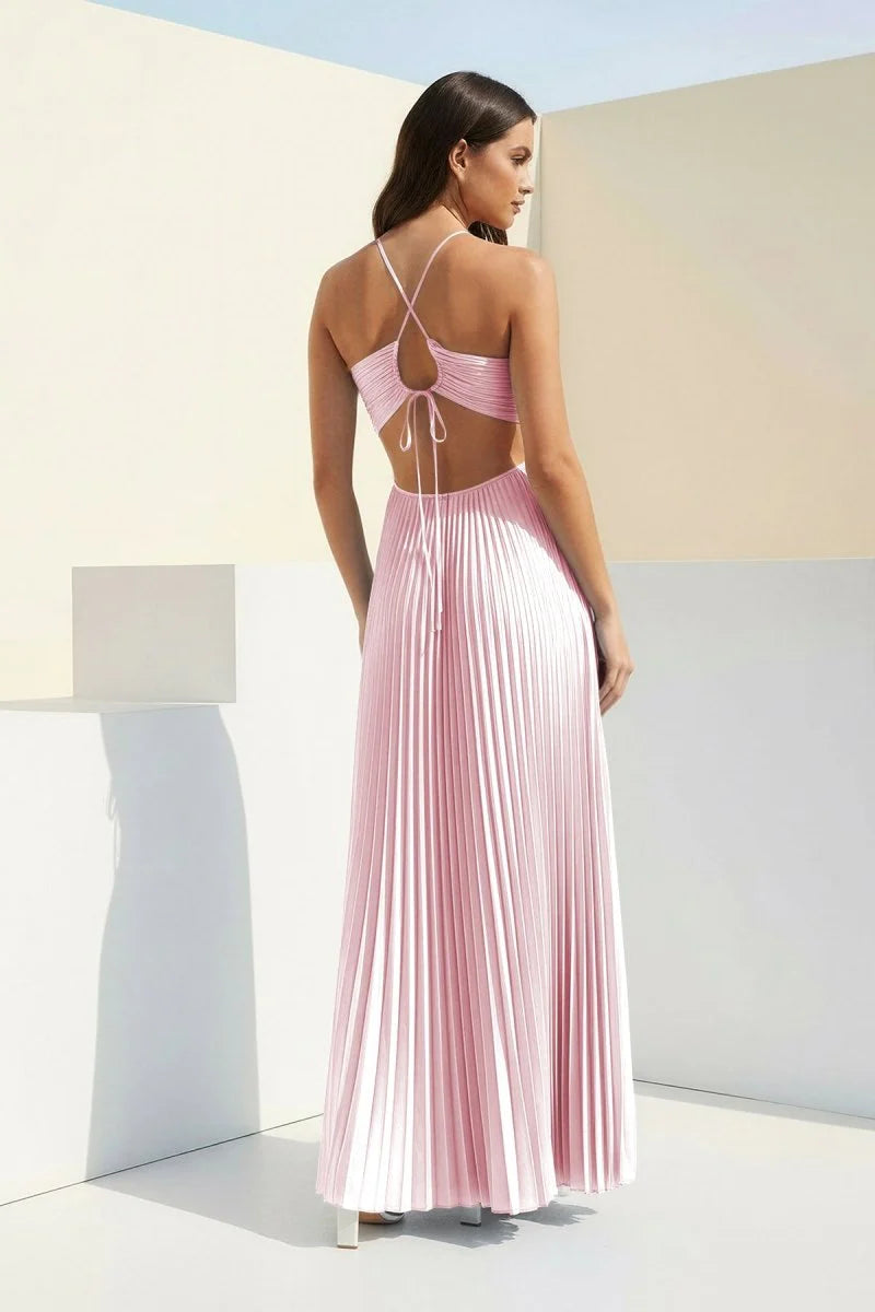 Sky Blue Halter Pleated Satin A Line Prom Dresses With Cutout