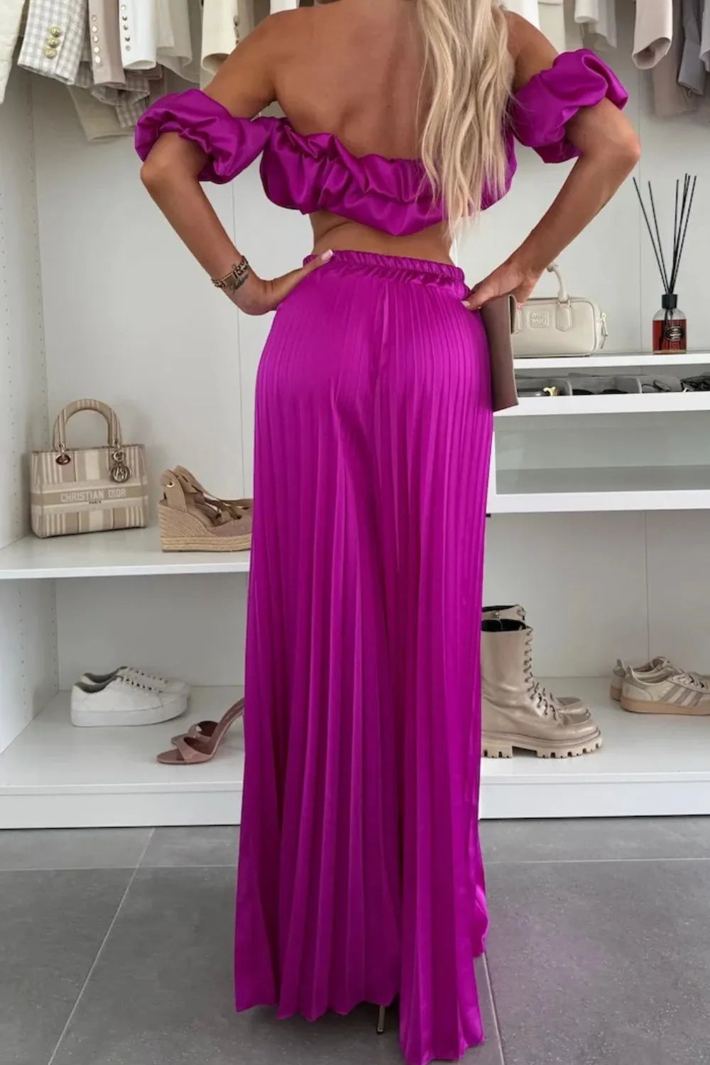 Off-Shoulder Top and Pleated Pants Set