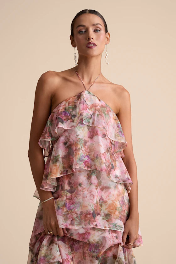 Melody Pink Floral Tiered Halter Maxi Dress