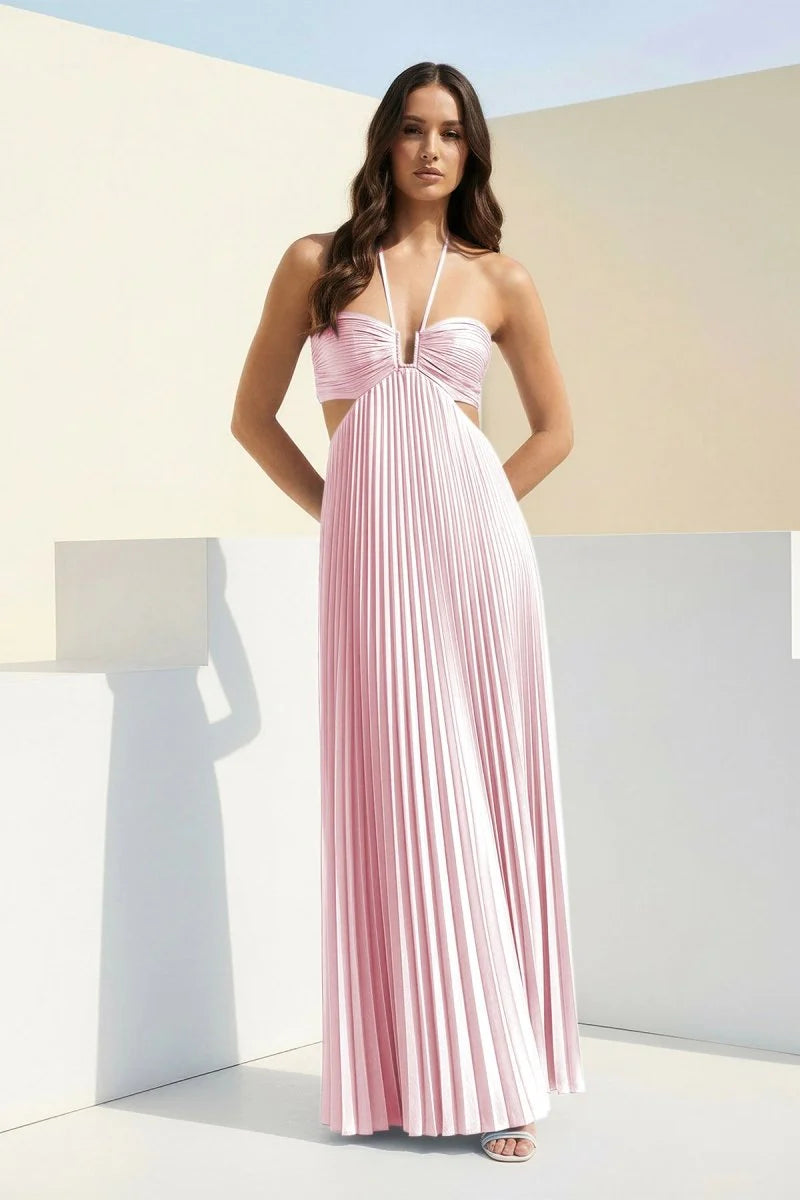 Sky Blue Halter Pleated Satin A Line Prom Dresses With Cutout