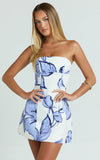 Strapless A Line Dress in Blue Floral