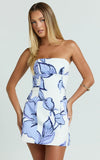 Strapless A Line Dress in Blue Floral