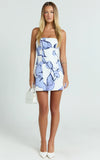 Strapless A Line Dress in Blue Floral